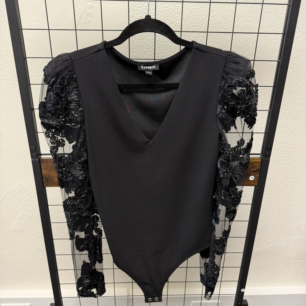 Express Black Floral Ribbon Mesh Sleeve Bodysuit Romantic Goth Small